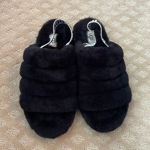 Women’s Black Ugg Slippers with Logo straps in excellent used condition